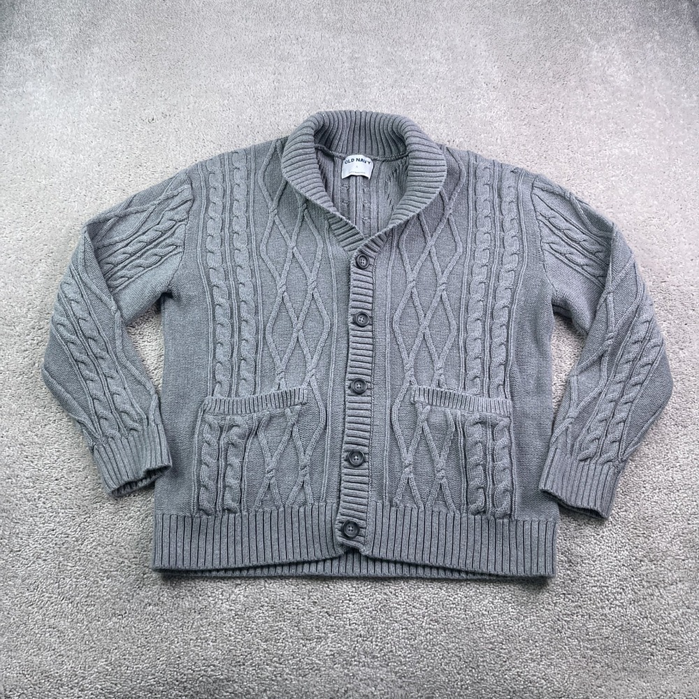 Old Navy Sweater Mens Large Gray Shawl Collar Cable Knit Button Up Cardigan Cozy